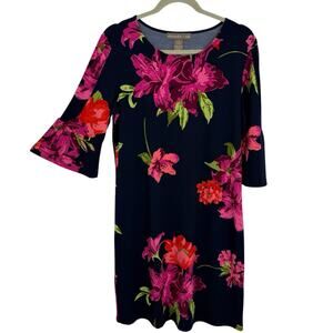 Alexandra Oak Shift Dress Size Medium Blue Floral 3/4 Flare Sleeve Preppy
